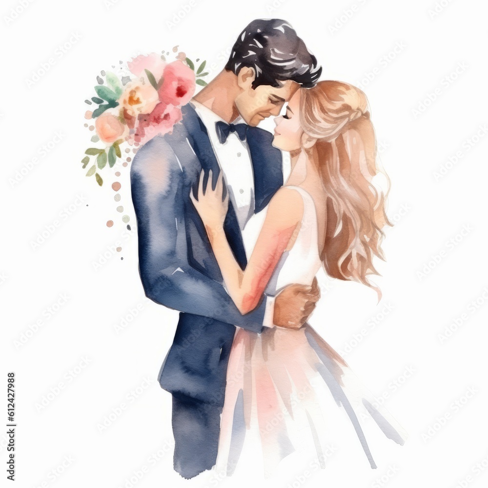 Watercolor illustration very cute wedding couple married with flowers colorful isolated on white background clip art. Watercolor illustration very cute wedding couple married with flowers colorful isolated on white background clip art.