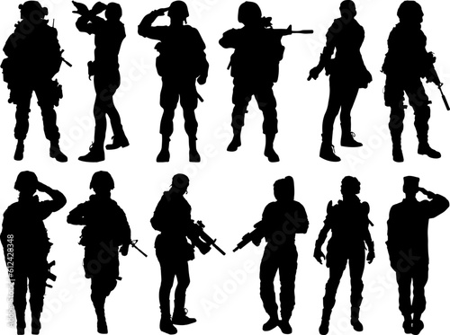 Set of Female Military Soldiers Silhouette