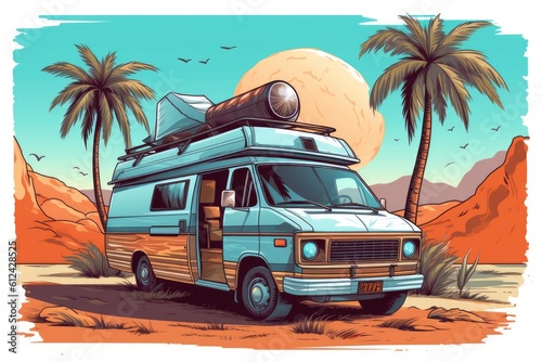 Camper van full roof cargo with palm trees and the sea in the background, llustration vector , Generative AI 