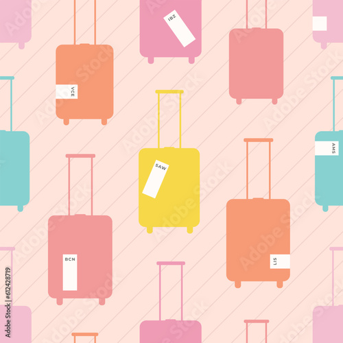 Bright vector seamless pattern with luggage, suitcase, tags, barcode with destination. Summer illustration about travel, vacation