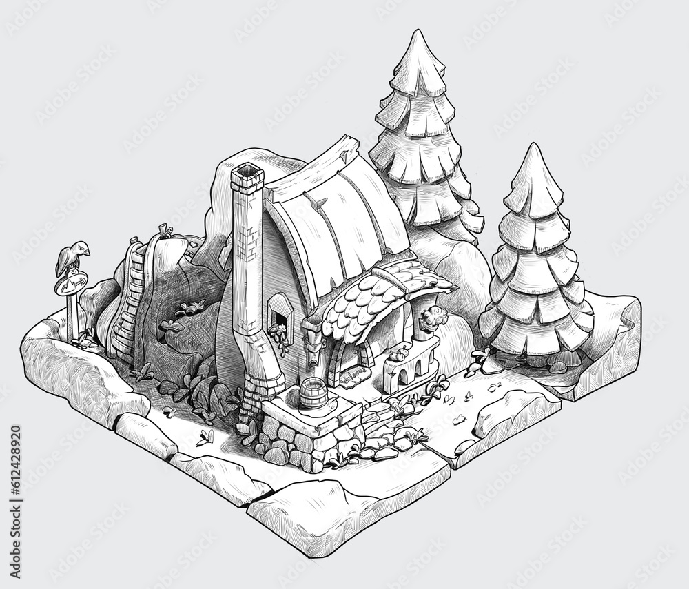 Obraz premium mountain house sketch concept, line art illustration