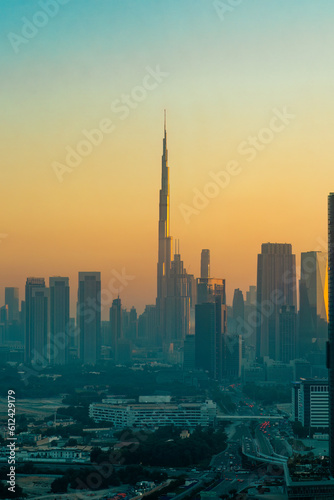 Dubai skyscrapers in the business district. Burj Khalifa in the background.