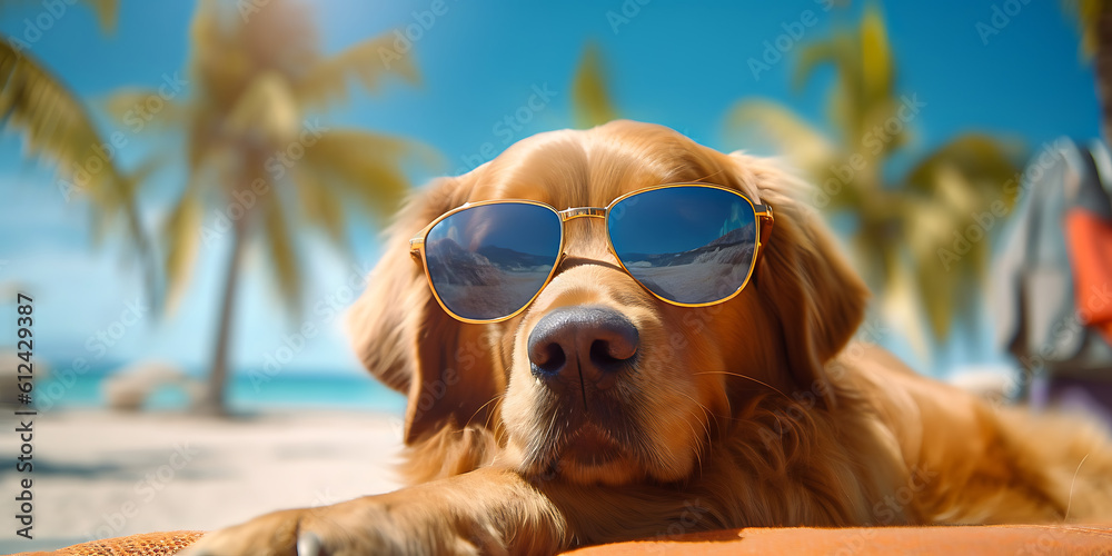 dog on the beach wearing sunglasses - generative AI, KI