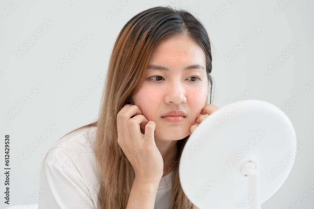 Woman worried about face Dermatology, rosacea dermatitis, allergic steroids, sensitive skin, red face from sunburn, acne, dry skin, large pores ,rash face, dull, freckles, wrinkle, skin problem Woman worried about face Dermatology, rosacea dermatitis, allergic steroids, sensitive skin, red face from sunburn, acne, dry skin, large pores ,rash face, dull, freckles, wrinkle, skin problem
