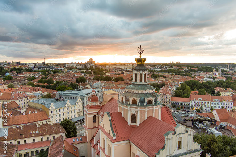 Aerial view of Vilnius Old Town, one of the largest surviving medieval old towns in Northern Europe. Landscape of UNESCO-inscribed Old Town of Vilnius, Lithuania