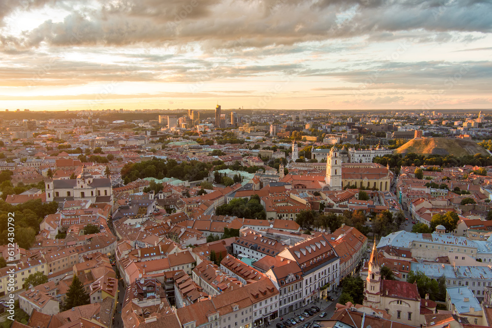 Obraz premium Aerial view of Vilnius Old Town, one of the largest surviving medieval old towns in Northern Europe. Landscape of UNESCO-inscribed Old Town of Vilnius, Lithuania