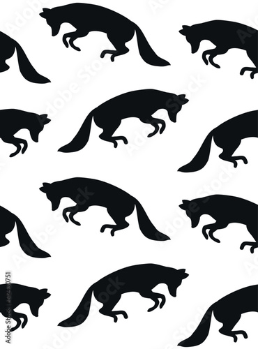 Vector seamless pattern of flat hand drawn jumping fox silhouette isolated on white background