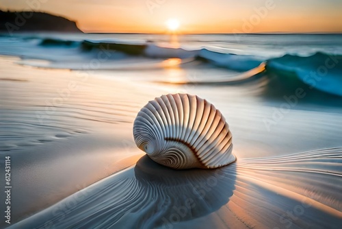 The texture of a seashell: Explore the intricate details of a seashell, describing the spiraling patterns, ridges, and the smooth, polished surface. Highlight the subtle shades