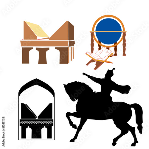 monument to Amir Temur silhouette science of Temurids globe book and laukh architectural element of mausoleum Shakhi Zinda Samarkand Uzbekistan