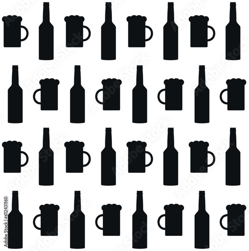 Vector seamless pattern of flat beer bottle and glass silhouette isolated on white background
