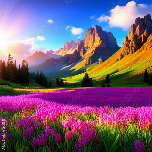 serene landscape with mountains, blue sky and flowers, ai generated