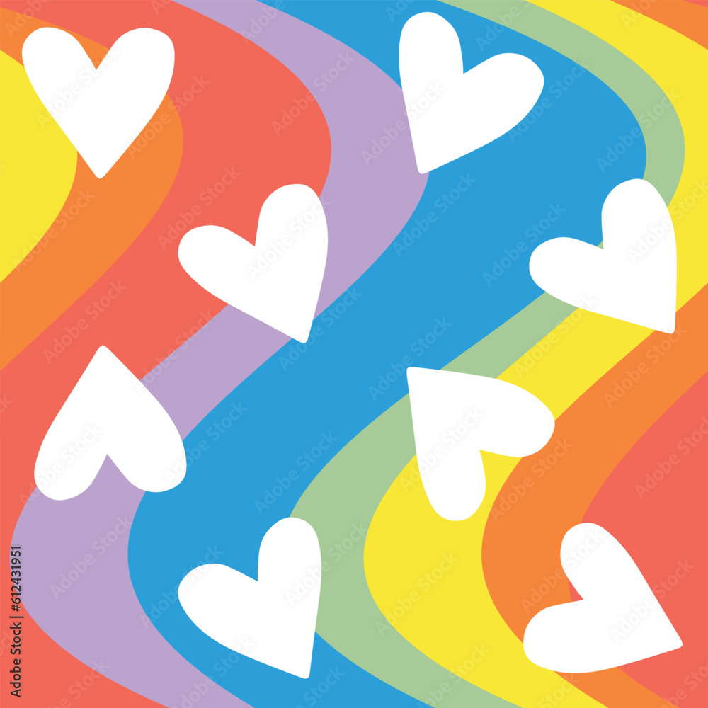 Vector seamless pattern of hearts isolated on groovy wavy lgbt flag rainbow