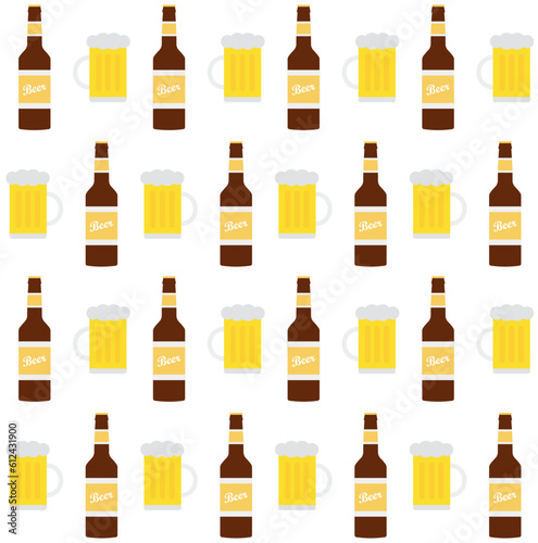 Vector seamless pattern of flat beer bottle and glass isolated on white background