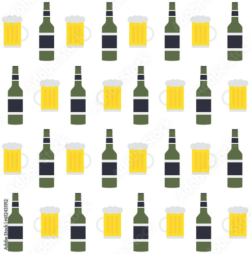 Vector seamless pattern of flat beer bottle and glass isolated on white background