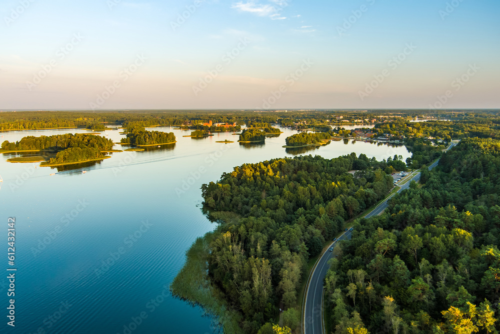 Beautiful aerial view of lake Galve, favourite lake among water-based tourists, divers and holiday makers, Trakai, Lithuania.