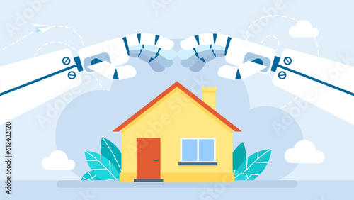 House Insurance. Artificial intelligence for property protection. Robot arms form a roof over the house. Automatic robotic protection system. Housing insurance. Flat vector illustration