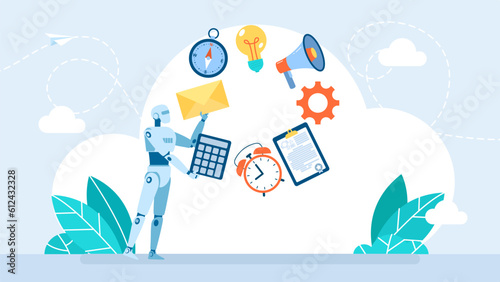 The robot performs many tasks at the same time. Artificial intelligence is multitasking. Robot juggling the devices. Advantages of using robotic processes. Multitasking. Flat vector illustration
