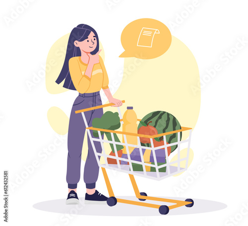 Woman in store with cart concept. Young girl with goods in grocery store. Vegetables and fruits. Supermarket or mall, shop. Routine and household chores. Cartoon flat vector illustration