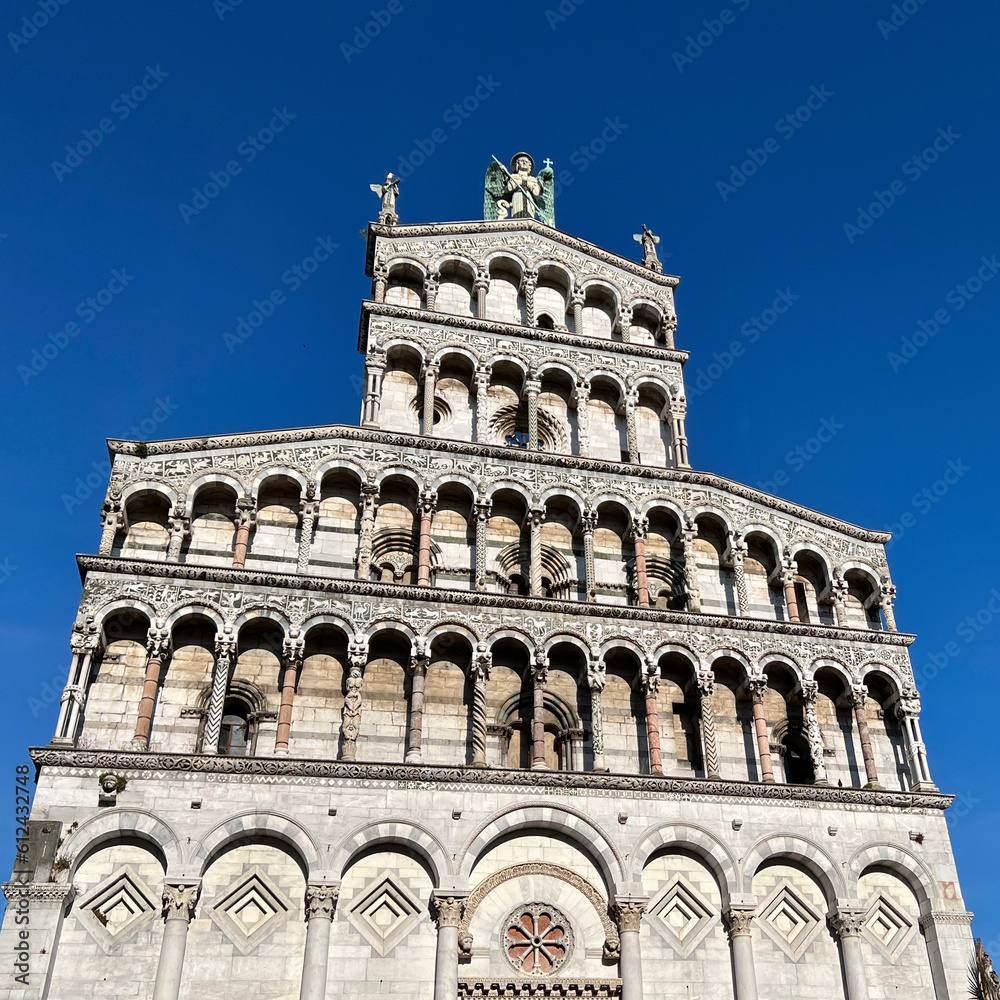 The front facade of San Michele Basilica in Lucca, Italy