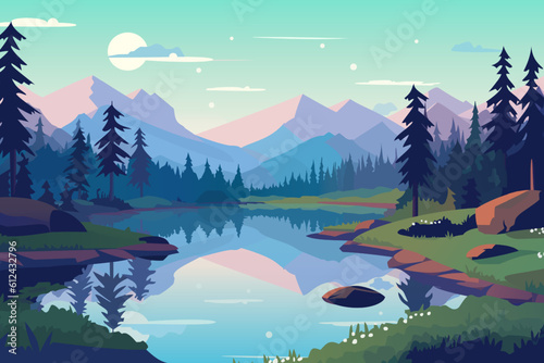Beautiful landscape vector illustration. Stunning landscape of a mountain lake at sunset. Moonrise over the forest, mountains and a wonderful lake. Beautiful landscape for printing.