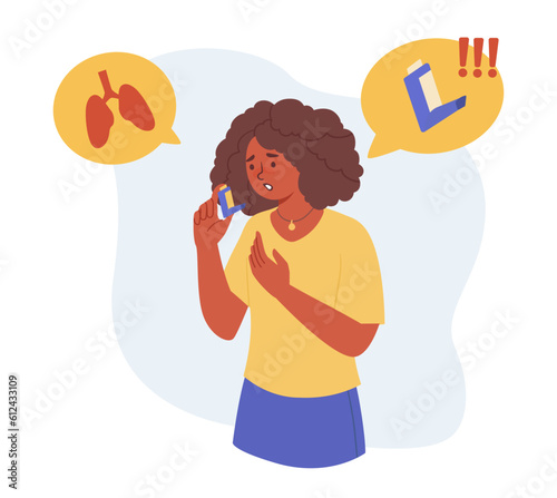 Girl with asthma and inhaler concept. Woman with disease of respiratory system and lungs. Character having difficulty breathing. Therapy and healthcare. Cartoon flat vector illustration