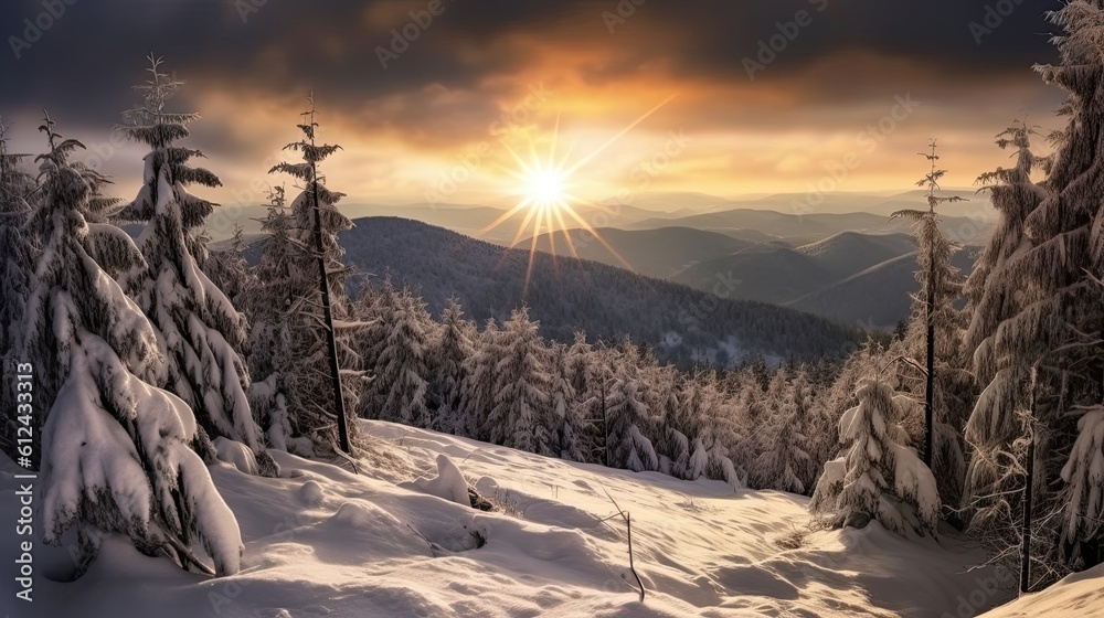 Breathtaking Panorama of Winter Wonderland: Mountain Summit View of Foliage and Sky at Sunset. Generative AI
