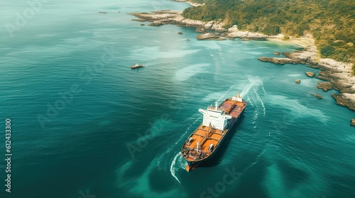 Aerial View of Oil Tanker on its Way to Singapore - Crude Transport Technology in Industrial Harbour. Generative AI © AIGen