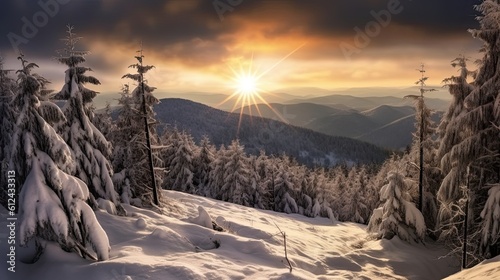 Breathtaking Panorama of Winter Wonderland: Mountain Summit View of Foliage and Sky at Sunset. Generative AI © AIGen