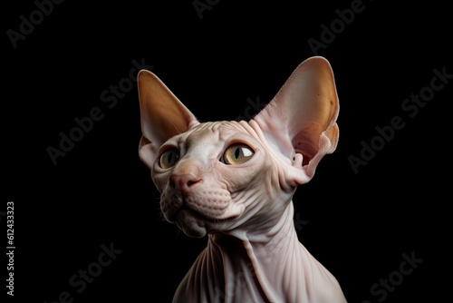 Cute White Hairless Felino: Generative Portrait of a Domestic Sphynx Cat Isolated on a Black Background, Generative AI © AIGen