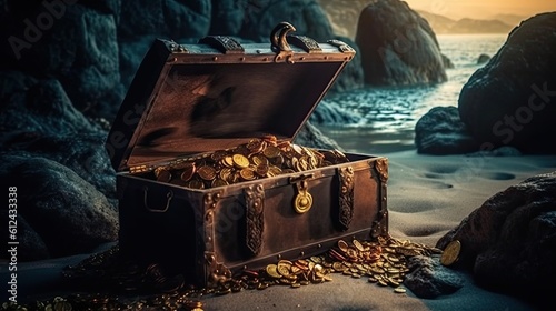 Buried Treasure: Pirate Gold in a Rocky Cave by the Sea, Generative AI