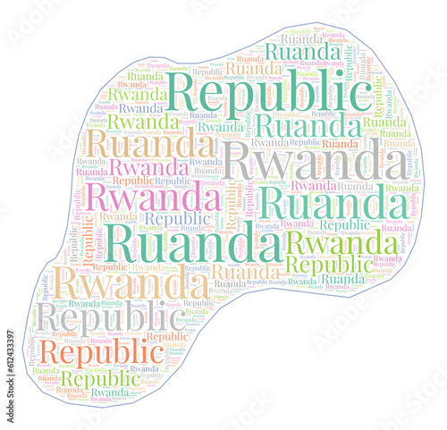 Rwanda shape filled with country name in many languages. Rwanda map in word cloud style. Stylish vector illustration.