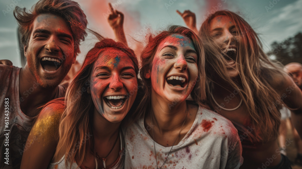 Beautiful girls / women having fun at a music festival / concert with colorful paint / dust