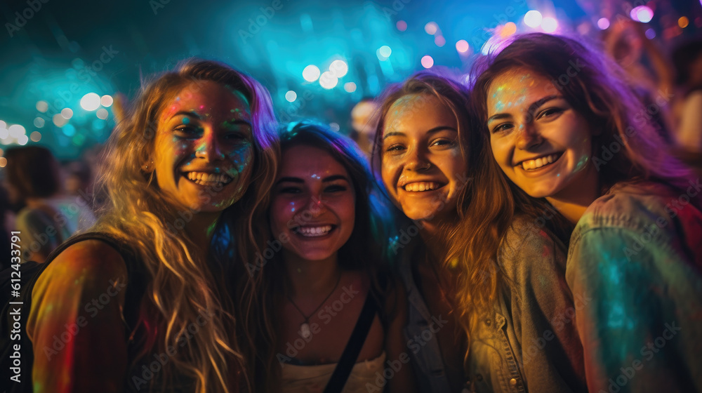 Beautiful girls / women having fun at a music festival / concert at night with colorful paint and dust