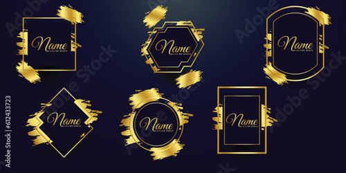 Set Vector Gold Paint Stroke With Border Frame. Dirty Artistic Design Element, Box, Frame Or Background For Text.