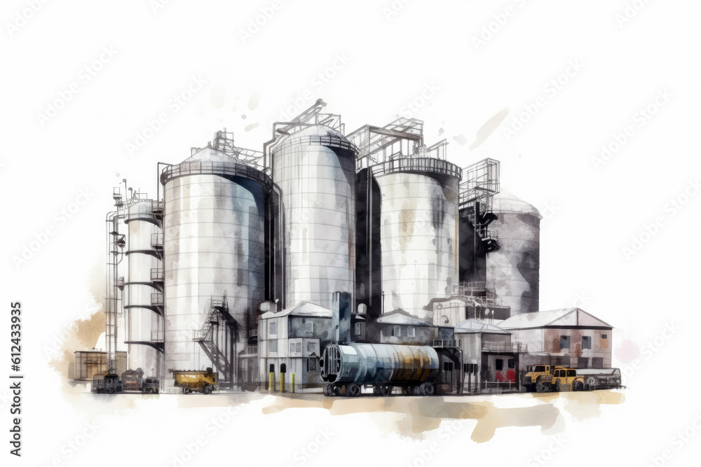 Obraz premium Watercolor drawing paint of industry zone, refinery power plant energy station for stored, petrochemical industrial, factory food processing plant isolated on white background, with Generative AI.