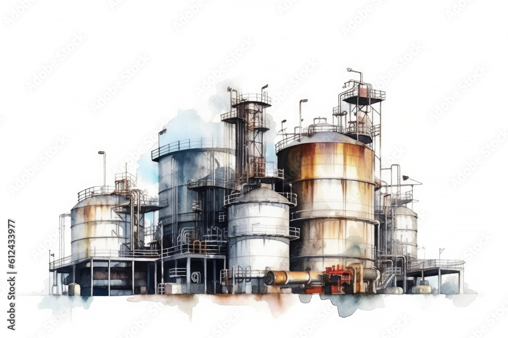 Watercolor drawing paint of industry zone, refinery power plant energy station for stored, petrochemical industrial, factory food processing plant isolated on white background, with Generative AI.