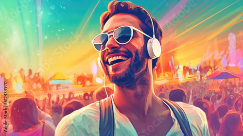 Illustration of a handsome man / boy / guy having fun at a music festival / concert in the summer