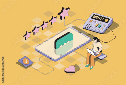 Best feedback concept in 3d isometric design. Woman customer leaving reviews and comments, evaluating service, give rating with stars. Vector illustration with isometry people scene for web graphic