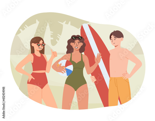 People relax at beach concept. Women in swimsuits and man with surfboard. Tourists on vacation in tropical and exotic countries. Friends sunbathing at coast. Cartoon flat vector illustration