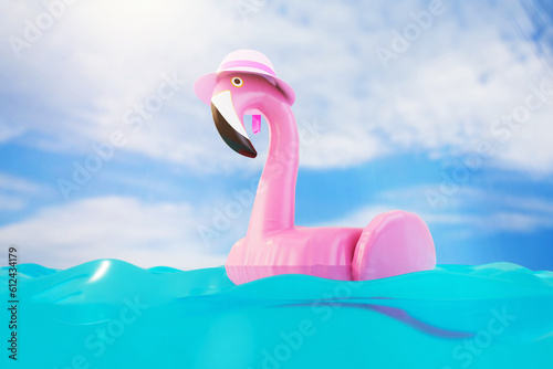 pink circle flamingo floating on the water. 3d render © Igor