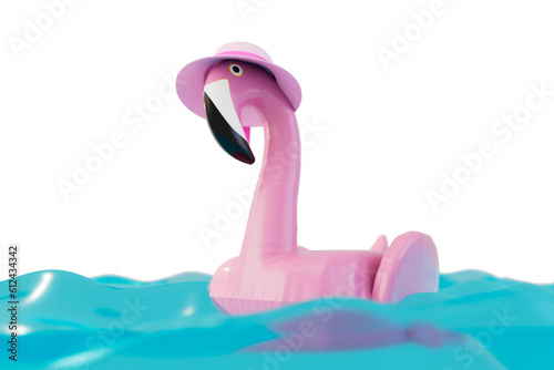 concept of summer vacation. pink circle flamingo floating on the water. 3d render © Igor