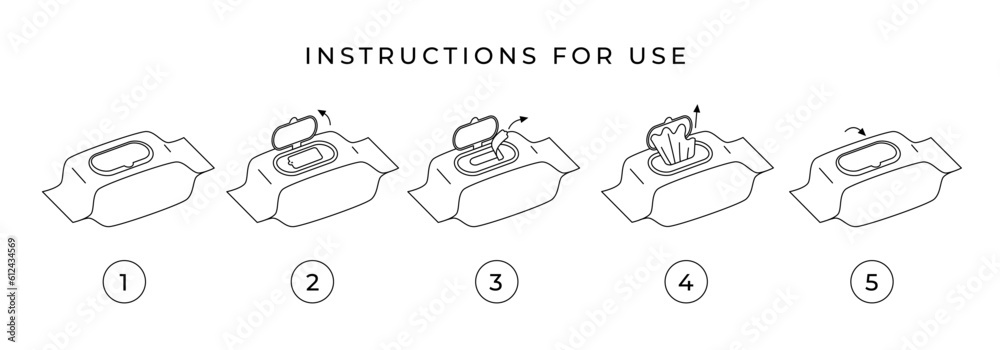 Step-by-step instructions for using wet wipes. Instructions for opening wet wipes with a plastic valve. Hygienic tissue napkin for make-up removal. Baby wipes. Line vector icon set.