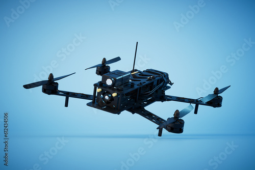 Fototapeta Naklejka Na Ścianę i Meble -  Flying quadcopter black on a blue background. 3D render