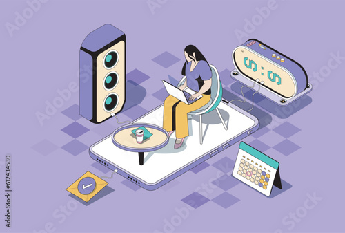 Freelance work concept in 3d isometric design. Woman work as freelancer at home office, doing tasks remotely and communicating online. Vector illustration with isometry people scene for web graphic