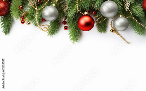 Merry Christmas banner  Design with wide copy space for text. Gift boxes  fir tree branches  and red and green ornaments were placed for a Christmas look.  Generative AI