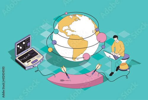 Global strategy concept in 3d isometric design. Man developing business and planning worldwide expansion with opening company branches. Vector illustration with isometry people scene for web graphic