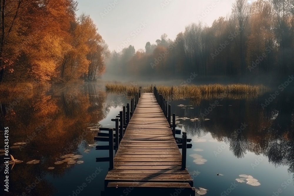 Wooden jetty on the calm autumn lake, created with generative AI Wooden jetty on the calm autumn lake, created with generative AI