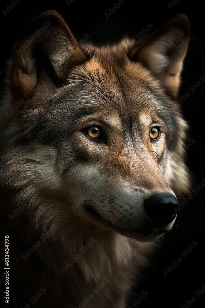 Powerful wolf portrait, created with generative AI