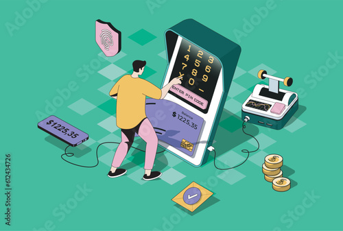 Mobile banking concept in 3d isometric design. Man using application for online secure payments, transfers and financial management. Vector illustration with isometry people scene for web graphic