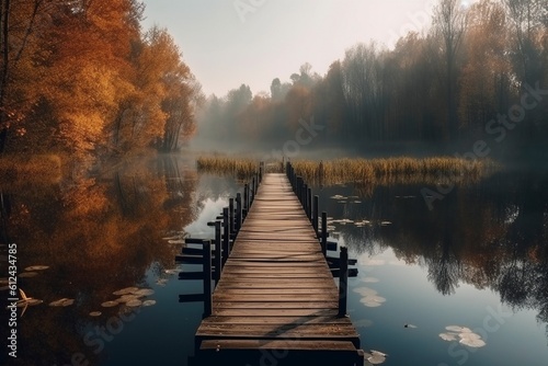 Wooden jetty on the calm autumn lake, created with generative AI